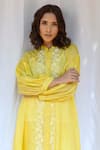 Ayaka_Yellow Viscose Tabby Hand Embroidered Floral High Neck Tunic  _at_Aza_Fashions