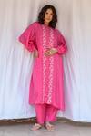 Ayaka_Fuchsia Viscose Tabby Hand Embroidered Floral High Neck Thread Tunic  _Online_at_Aza_Fashions