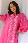 Ayaka_Fuchsia Viscose Tabby Hand Embroidered Floral High Neck Thread Tunic  _at_Aza_Fashions