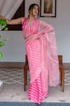 Shop_Ayaka_Pink 100% Silk Organza Embroidery Floral Vine Striped Pallu Saree  _at_Aza_Fashions