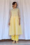 Buy_Ayaka_Yellow Silk Organza, Viscose Embroidery High Neck Floral Hand Dress With Inner _at_Aza_Fashions