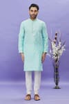 Arihant Rai Sinha_Green Jacquard Banarasi Silk Pintucks Geometric Pattern Mandarin Collar Kurta _Online_at_Aza_Fashions