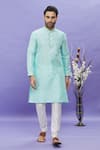 Buy_Arihant Rai Sinha_Green Jacquard Banarasi Silk Pintucks Geometric Pattern Mandarin Collar Kurta _Online_at_Aza_Fashions