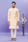 Arihant Rai Sinha_Peach Jacquard, Silk Embroidery Geometric Pattern Kurta _Online_at_Aza_Fashions