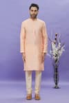 Arihant Rai Sinha_Peach Kurta Jacquard Banarasi Silk Pintucks Mandarin Collar Set _Online_at_Aza_Fashions