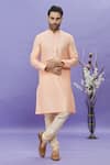 Buy_Arihant Rai Sinha_Peach Kurta Jacquard Banarasi Silk Pintucks Mandarin Collar Set _Online_at_Aza_Fashions