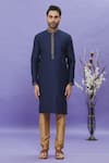 Arihant Rai Sinha_Blue Kurta Jacquard Banarasi Silk Pintucks Collar Set _Online_at_Aza_Fashions