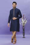 Buy_Arihant Rai Sinha_Blue Kurta Jacquard Banarasi Silk Pintucks Collar Set _Online_at_Aza_Fashions