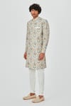 Aisha Rao_Beige Sherwani Raw Silk Embroidered Applique Parviz Set _Online_at_Aza_Fashions