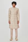 Aisha Rao_Ivory Sherwani Raw Silk Embroidered Applique Zohar Set  _Online_at_Aza_Fashions