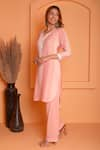 Shop_Abbaran_Peach Linen Embroidered Floral Notched Placed High-low Kurta With Pant _Online_at_Aza_Fashions