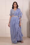 Buy_Abbaran_Blue Chiffon Embroidered Lace V Neck Pre-draped Saree With Blouse _at_Aza_Fashions