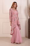 Buy_Abbaran_Peach Cotton Silk Printed Digital Jacket V Asymmetric And Gharara Set _Online_at_Aza_Fashions