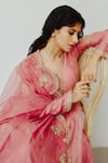 Wabi Sabi By Anshum-Ritesh Pink Chanderi Embroidery V-neck Gulab Hand Anarkali Sharara Set Online at Aza Fashions Wabi Sabi By Anshum-Ritesh_Pink Chanderi Embroidery V-neck Gulab Hand Anarkali Sharara Set _Online_at_Aza_Fashions