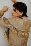 WABI SABI BY ANSHUM-RITESH_Grey Tissue Hand Embroidered Aari V Golden Feather Cape Jacket With Anarkali _at_Aza_Fashions