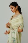 Buy_WABI SABI BY ANSHUM-RITESH_Yellow Organza Hand Painted Floral V Neck Valley Of Flowers Saree With Blouse _Online_at_Aza_Fashions