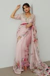 Buy_WABI SABI BY ANSHUM-RITESH_Pink Organza Hand Painted Floral Leaf Neck Ecstasy Saree With Blouse _at_Aza_Fashions