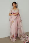 Shop_WABI SABI BY ANSHUM-RITESH_Pink Organza Hand Painted Floral Leaf Neck Ecstasy Saree With Blouse _at_Aza_Fashions