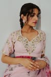 WABI SABI BY ANSHUM-RITESH_Pink Organza Hand Painted Floral Leaf Neck Ecstasy Saree With Blouse _Online_at_Aza_Fashions