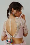 Buy_WABI SABI BY ANSHUM-RITESH_Pink Organza Hand Painted Floral Leaf Neck Ecstasy Saree With Blouse _Online_at_Aza_Fashions