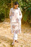 Buy_ta’assur_Beige Pure Cotton Printed Floral Notched Straight Kurta And Pant Set _at_Aza_Fashions