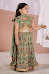 Shop_Vivedkids_Green Linen Embroidery Fish Kalamkari Lehenga Set _Online_at_Aza_Fashions
