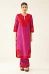 KORA_Fuchsia Kurta And Pant Silk Chanderi Embroidery Floral Applique Set  _Online_at_Aza_Fashions