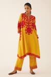 Buy_KORA_Gold Kurta And Pant Silk Chanderi Embroidery Floral Yoke Set  _Online_at_Aza_Fashions