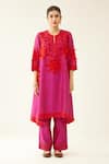 KORA_Fuchsia Kurta And Pant Silk Chanderi Embroidery Floral Applique Set  _Online_at_Aza_Fashions