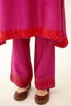 KORA_Fuchsia Kurta And Pant Silk Chanderi Embroidery Floral Applique Set  _at_Aza_Fashions