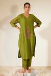 Buy_Sarang Kaur_Green Kurta And Pant Chanderi Silk Hand Embroidery Floral V Neck Dhuleti With_at_Aza_Fashions