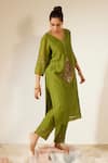 Sarang Kaur_Green Kurta And Pant Chanderi Silk Hand Embroidery Floral V Neck Dhuleti With_Online_at_Aza_Fashions