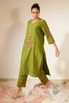 Buy_Sarang Kaur_Green Kurta And Pant Chanderi Silk Hand Embroidery Floral V Neck Dhuleti With_Online_at_Aza_Fashions