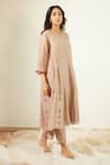 Buy_Sarang Kaur_Grey Kurta And Pant Chanderi Silk Hand Embroidery Floral Notched Vrinda With _Online_at_Aza_Fashions