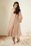 Buy_Sarang Kaur_Grey Kurta And Pant Chanderi Silk Hand Embroidery Floral Notched Vrinda With 