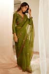 Buy_Sarang Kaur_Green Saree Organza Silk Hand Dhuleti Vintage With Unstitched Blouse Piece_at_Aza_Fashions