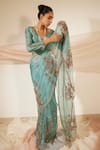 Sarang Kaur_Blue Saree Organza Silk Hand Dhuleti With Unstitched Blouse Piece_at_Aza_Fashions
