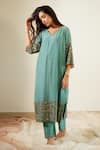 Buy_Sarang Kaur_Blue Chanderi Silk Embroidery Sequin V Neck A-line Kurta And Pant Set _at_Aza_Fashions