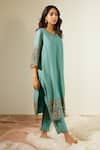 Sarang Kaur_Blue Chanderi Silk Embroidery Sequin V Neck A-line Kurta And Pant Set _Online_at_Aza_Fashions