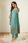 Buy_Sarang Kaur_Blue Chanderi Silk Embroidery Sequin V Neck A-line Kurta And Pant Set _Online_at_Aza_Fashions