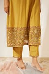 Buy_Sarang Kaur_Yellow Chanderi Silk Embroidery Sequin V Neck Straight Kurta And Pant Set_Online_at_Aza_Fashions