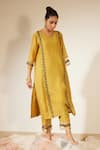 Buy_Sarang Kaur_Blue Chanderi Silk Embroidery Sequin V Floral Work Straight Kurta And Pant Set_at_Aza_Fashions