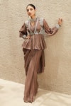 Buy_MATSYA_Brown The Millenial Solid Pre-draped Saree With Chanderi Peplum Jacket_at_Aza_Fashions