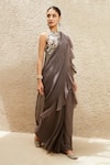 MATSYA_Grey Organza The Millenial Pre-draped Ruffle Saree With Blouse _Online_at_Aza_Fashions
