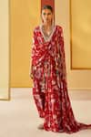 Buy_Priyanka Singh_Red Crepe Printed Floral V Neck Draped Top And Pant Set  _at_Aza_Fashions