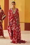 Priyanka Singh_Red Crepe Printed Floral V Neck Draped Top And Pant Set  _Online_at_Aza_Fashions