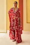 Buy_Priyanka Singh_Red Crepe Printed Floral V Neck Draped Top And Pant Set  _Online_at_Aza_Fashions