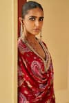 Priyanka Singh_Red Crepe Printed Floral V Neck Draped Top And Pant Set  _at_Aza_Fashions