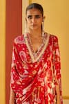 Priyanka Singh_Red Crepe Printed Floral V Neck Draped Top And Pant Set  _Online