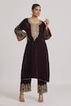 Buy_Rahul Singh_Wine Velvet Embroidered Floral Round Straight Kurta And Pyjama Set _at_Aza_Fashions